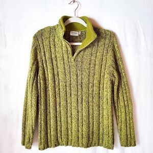 Vintage Green Ribbed Marled Chunky Knit Quarter Zip Sweater